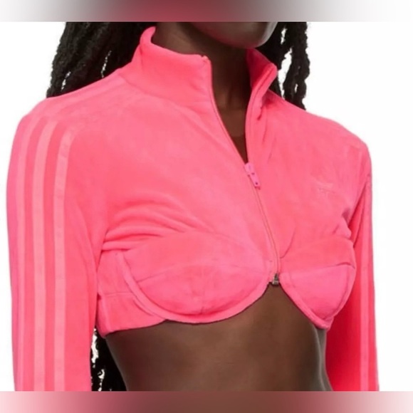 Adidas X Jeremy Scott‎ cropped Velour Track Jacket Neon Pink Sz Medium - Picture 14 of 14